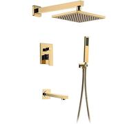 Gold Shower Faucet Set, with Waterfall Tub Spout, Solid Brass Handshower, and Nozzle Wall Mounted Installation Rainfall Shower System Set with Hand Shower and Shower Hose,10