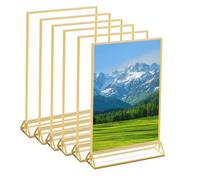 Gold Sign Stand Double-Sided Picture Acrylic Frame 6PCS, A5 Transparent Picture Frame with Gold Frame & Vertical Bracket Table Number Rack, Restaurant Sign Table Menu Display Frame Table Rack（T Type）