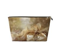 Gold Silk Christmas Printed Toiletry Bag for Women Girl Portable Travel Cosmetic Bag Leather Makeup Pouch Organizer with Gold Zipper