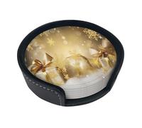 Gold Silk Christmas Round Leather Coasters (6 Pieces) - Drink Coaster Set For Desk, Modern Easy To Clean Home Office & Farmhouse Coasters