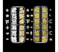 Gold Silver 3D Nail Charms, 2 Boxes 24 Grids Bow Flower Star Gems Studs, Punk Metal Alloy Rivet Stickers Bowknot Nail Art Decorations Accessories for DIY Crafts (Gold Silver)