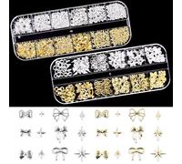 Gold Silver 3D Nail Charms, 2 Boxes Nail Art Gems, Includes Bow Nail Charms, Star Nail Studs, Gothic Nail Charms, Mixed Polar Light Crystals, Perfect for Nail Art, DIY Manicures