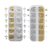 Gold & Silver 3D Nail Charms, 2Boxes 24Grids Metal Alloy DIY Crafts with Cross & Spherical Decorations, Nail Art Accessories