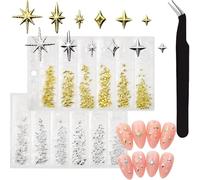 Gold Silver 3D Star Diamond Nail Charms For Professional Enhancement - 750-Piece Metallic Celestial Glitter Studs With Tweezers, Ideal For Women And Girls DIY Manicure On Natural Or Artificial Nails