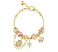 Gold & Silver Aurora Multi-Element Snake Chain Bracelet, Crystal Charm Bracelets for Women, Religious Virgin Mary Cross Pendant, Heart Saturn Clover Beads, Y2K Aesthetic Jewelry Gift ，gold