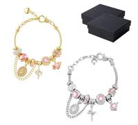 Gold & Silver Aurora Multi-Element Snake Chain Bracelet, Virgin Mary Detachable Charm Bracelet with Pink Crystal Accents, Two-Tone Detachable DIY Chain, Catholic Cross Charm for Women