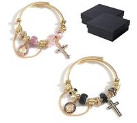 Gold & Silver Aurora Multi-Element Snake Chain Bracelet, Virgin Mary Detachable Charm Bracelet with Pink Crystal Accents, Two-Tone Detachable DIY Chain, Catholic Cross Charm for Women