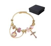 Gold & Silver Aurora Multi-Element Snake Chain Bracelet, Virgin Mary Detachable Charm Bracelet with Pink Crystal Accents, Two-Tone Detachable DIY Chain, Catholic Cross Charm for Women