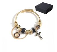 Gold & Silver Aurora Multi-Element Snake Chain Bracelet, Virgin Mary Detachable Charm Bracelet with Pink Crystal Accents, Two-Tone Detachable DIY Chain, Catholic Cross Charm for Women
