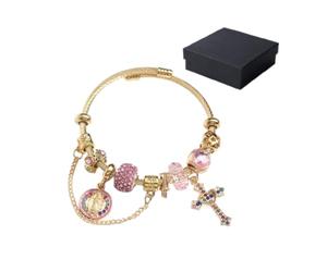 Gold & Silver Aurora Multi-Element Snake Chain Bracelet, Virgin Mary Detachable Charm Bracelet with Pink Crystal Accents, Two-Tone Detachable DIY Chain, Catholic Cross Charm for Women