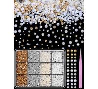 Gold Silver Half Pearls Beads Mix Sizes Flatback Nail Pearls for Nail Art, White Beige Nail Pearls Gems ABS Round Plastic Beads for Manicure Face Art DIY Crafts Jewelry Shoes Clothes Accessories