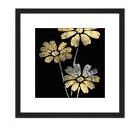 Gold Silver Leaf Style Flowers Floral Metallic Effect Foil Style Black Painting Square Wooden Framed Wall Art Print Picture 8X8 Inch Artery8 Black One Size