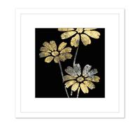 Gold Silver Leaf Style Flowers Floral Metallic Effect Foil Style Black Painting Square Wooden Framed Wall Art Print Picture 8X8 Inch Artery8 White One Size
