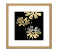 Gold Silver Leaf Style Flowers Floral Metallic Effect Foil Style Black Painting Square Wooden Framed Wall Art Print Picture 8X8 Inch Artery8 Light Oak One Size