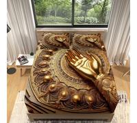 Gold Single Fitted Sheet Mandala Pattern Palm Printed Bed Sheets with Pillow Cases - 30cm Deep Fitted Sheet 90x190 Hypoallergenic Microfiber Easy Care No Color Fade