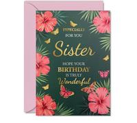 Gold Sister Birthday Card, Butterflies & Flowers