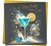 Gold Sister Happy Birthday Card | Turquoise Cocktail Design | With Metallic Gold Envelope