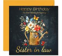 Gold Sister in Law Birthday Card - Watering Can Flowers - Happy Birthday Card for Sister in Law from Brother Sibling, 145mm Golden Floral Garden Greeting Cards