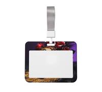Gold Skull Rose Id Badge Holder with Lanyard-Horizontal Card Protector, Clear Abs Hard Shell for Work Office Events