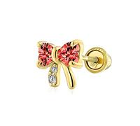 Gold Small Bow Stud Earring with Simulated CZ Red Garnet Elegant Cartilage Piercing for Women with Screw Back