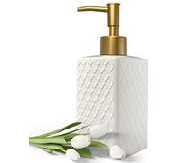 Gold Soap Dispenser for Bathroom,Retro White Square Lotion Dispenser, Refillable Countertop Ceramic Hand Soap Dispenser,Dish Soap Dispenser for Kitchen 350ml(Relief White Square Bottle)