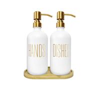 Gold Soap Dispenser Set for Kitchen with Bamboo Tray - Hand & Dish Soap Dispenser Set, White Glass Bottles with Gold Printed Labels, 17oz/480ml Each