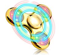 (gold) Solid Metal Led Light Up Fidget Spinner - Reusable Party Favor With Ample Light Show - Noise Free Hand Sensory Toy With Battery Backup - Stress Anxiet