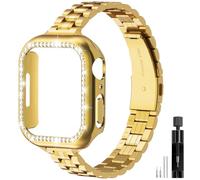 Gold Solid Stainless Steel Metal Band Compatible Apple Watch 45mm 44mm 42mm 41mm 40mm 38mm, Bling Diamond Case for iwatch Strap Bands for Women & Men Series 9 8 7 6 5 4 3 2 1 SE（38mm-Gold）