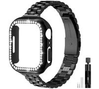 Gold Solid Stainless Steel Metal Band Compatible Apple Watch 45mm 44mm 42mm 41mm 40mm 38mm, Bling Diamond Case for iwatch Strap Bands for Women & Men Series 9 8 7 6 5 4 3 2 1 SE（42mm-Black）