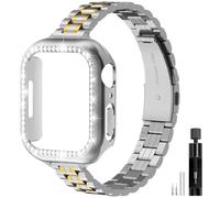Gold Solid Stainless Steel Metal Band Compatible Apple Watch 45mm 44mm 42mm 41mm 40mm 38mm, Bling Diamond Case for iwatch Strap Bands for Women & Men Series 9 8 7 6 5 4 3 2 1 SE (41mm-Silver/Gold)