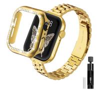 Gold Solid Stainless Steel Metal Band Compatible Apple Watch 45mm 44mm 42mm 41mm 40mm 38mm, Bling Diamond Case for iwatch Strap Bands for Women & Men Series 9 8 7 6 5 4 3 2 1 SE(46mm-Gold)