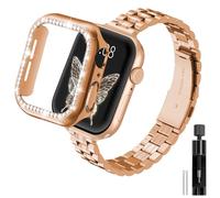 Gold Solid Stainless Steel Metal Band Compatible Apple Watch 45mm 44mm 42mm 41mm 40mm 38mm, Bling Diamond Case for iwatch Strap Bands for Women & Men Series 9 8 7 6 5 4 3 2 1 SE(42mm-Rose Gold)