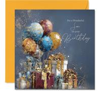Gold Son Birthday Card - Gold Balloons & Presents - Happy Birthday Card for Son from Dad Mum, 145mm Golden Balloons & Presents Bday Greeting Cards