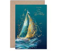 Gold Son Birthday Card - Ocean Waves Sailboat - Happy Birthday Card for Son from Dad Mum, 5x7 Inch Golden Nautical Seaside Maritime Bday Greeting Cards