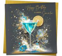 Gold Son in law Happy Birthday Card | Turquoise Cocktail Design | With Metallic Gold Envelope