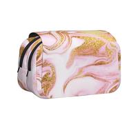 Gold Sparkle Pink Double Clamshell Pen Case Portable Pencil Pouch with Zipper
