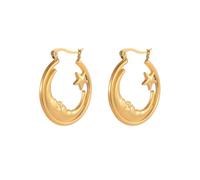 Gold Stainless Steel Crescent Moon Star Hoop Earrings, 3.0cm Abstract Portrait Face Huggie Hoops, Fashion Jewelry