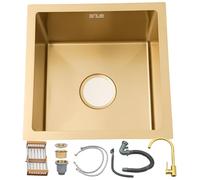 Gold Stainless Steel Kitchen Sink Multifunctional Single Bowl with Drain Basket Handmade Undermount/Drop in Square Design Various Sizes (45x45x21cm) Essential Kitchen Upgrade