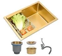 Gold Stainless Steel Kitchen Sink Single Bowl Quiet Drop-in/Undermount Prep Sink Easy-Clean Handmade Bar Sink with Drain 60x40cm Ideal for Modern Kitchens