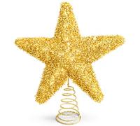 Gold Star Christmas Tree Topper 23cm Glitter Xmas Decoration | Shimmering glitter tinsel finish, spring base grips the top branch firmly classic christmas tree topper Christmas gift