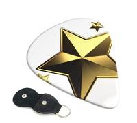 gold star Guitar Picks 6 Pack with Leather Guitar Pick Holder Keychain, Plectrum Key Fob Cases Bag, Abstract Art Plectrum for Acoustic Electric Guitar, Ukulele 0.46mm
