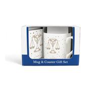 Gold Star Libra Mug & Coaster Gift Set - Zodiac Star Sign Bone China Mug and Cork Coaster Set - Tea/Coffee Present