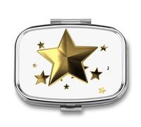 Gold Star Pill Box 2 Compartment, Portable Pill Case with Mirror for Pocket Purse Travel, Mini Metal Medicine Organizer for Vitamins Fish Oil
