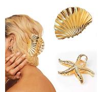 Gold Starfish Seashell Hair Claw Clips for Women - Beach Large Metal Hair Accessories for Summer, Bridal, Vacation & Everyday Use