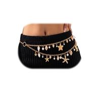 Gold Starfish Shell Pearl Charms Waist Chain for Women Layered Conch Mermaids Belly Chain Boho Adjustable Sexy Beads Bikini Body Chain for Summer Beach Jewelry Rave Vacation Accessories, Adjustable