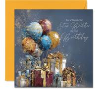Gold Step Brother Birthday Card, Gold Balloons & Presents