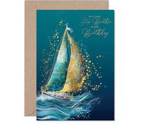 Gold Step Brother Birthday Card - Ocean Waves Sailboat - Happy Birthday Card for Step Brother from Sister Sibling, A5 Golden Nautical Seaside Maritime Bday Greeting Cards