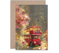 Gold Step Dad Birthday Card - London Red Bus - Happy Birthday Card for Step Dad from Son Daughter, 5x7 Inch Golden Luxury Classic Cityscape Bday Greeting Cards
