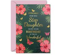 Gold Step Daughter Birthday Card - Butterflies & Flowers - Happy Birthday Card for Step Daughter from Dad Mum, A5 Golden Butterflies & Flowers Bday Greeting Cards