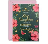 Gold Step Daughter Birthday Card - Butterflies & Flowers - Happy Birthday Card for Step Daughter from Dad Mum, A5 Golden Butterflies & Flowers Bday Greeting Cards